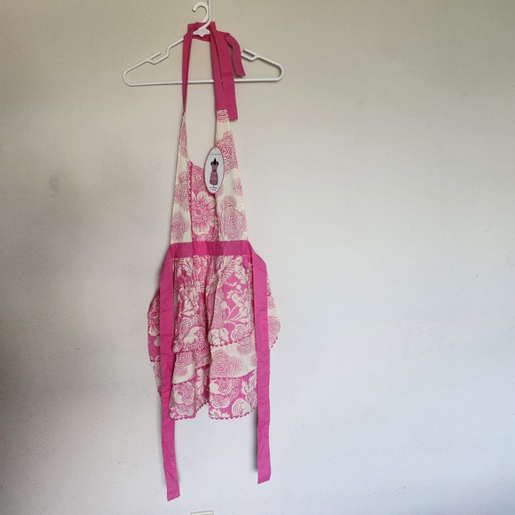 Simply Envogue Sweet Whisper retro pink white floral print ruffle apron cute NWT - Picture 11 of 12
